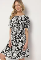 Sukienki - Czarna Bawełniana Sukienka w Ornamentalne Rośliny z Wiązaniem Przy Rękawach Tosvena - miniaturka - grafika 1