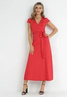 Sukienki - Czerwona Sukienka Maxi o Kopertowym Kroju z Wiązaniem i Kołnierzykiem Caleb - miniaturka - grafika 1