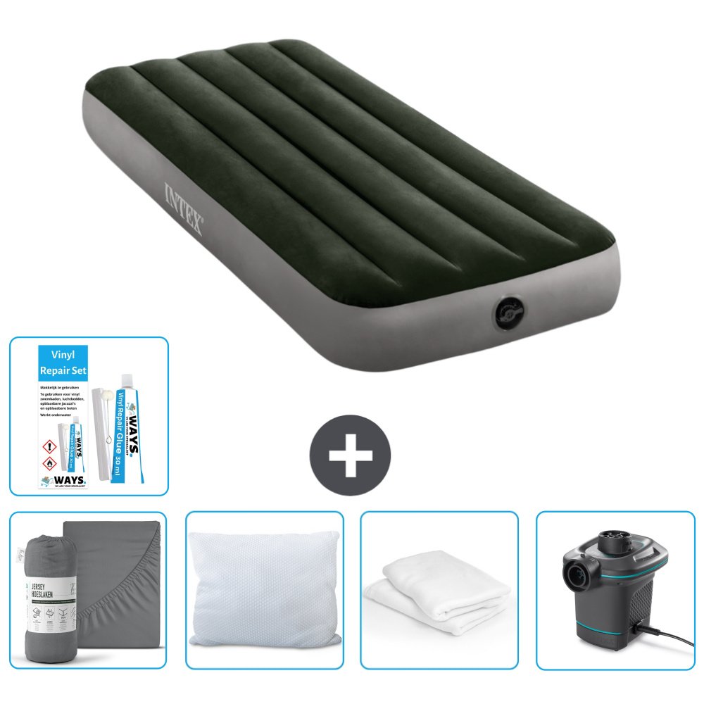 Dmuchane łóżko Intex - 1 osoba - 76 x 191 x 25 cm - zielone - w zestawie prześcieradło - pocałunek - pompka - zestaw naprawczy en ochraniacz na poduszkę