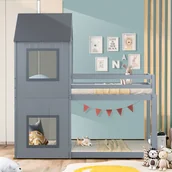 Łóżka dla dzieci i młodzieży - Łóżko piętrowe Merax 90x200 cm ze schodami i zabezpieczeniem przed wypadnięciem, dachem i stelażem z listew, łóżko na poddaszu z drewna sosnowego łóżko dziecięce dla 2 dzieci, szare - miniaturka - grafika 1