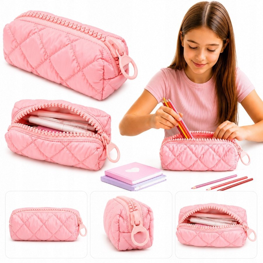 Piórnik Puffy Pikowany Różowy Matowy Pojemny Szkolny Młodzieżowy Etui