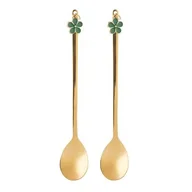 Łyżeczki - Komplet 2 łyżeczek z ozdobną końcówką zielony kwiatek 13,5 x 2,5 cm złoty - miniaturka - grafika 1