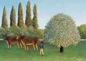 Plakaty - Plakat Łąka Henri Rousseau pejzaż wiejski z bydłem i pasterzem - miniaturka - grafika 1