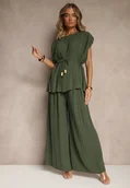 Komplety damskie - Ciemnozielony Komplet Spodnie o Szerokim Kroju i Bluzka z Usztywnioną Linią Ramion Nilamira - miniaturka - grafika 1