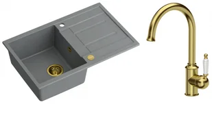 Quadron Zlewozmywak granitowy jednokomorowy 78*50*22 cm z ociekaczem MORGAN 111 SILVER STONE ze złotym odpływem z baterią RACHEL Q LINE kolor złoty - Zlewozmywaki z baterią - miniaturka - grafika 1