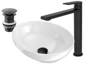 Umywalki - Okrągła Umywalka Nablatowa + Bateria Czarna +Korek - miniaturka - grafika 1