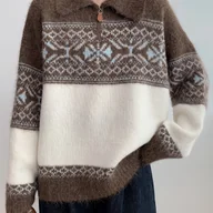 Swetry damskie - TEMU Elegancki sweter damski z szerokim kołnierzykiem, rozpinany na pół zamek, w kratę Fair Isle, żakardowy, z miękkim długim rękawem - miniaturka - grafika 1