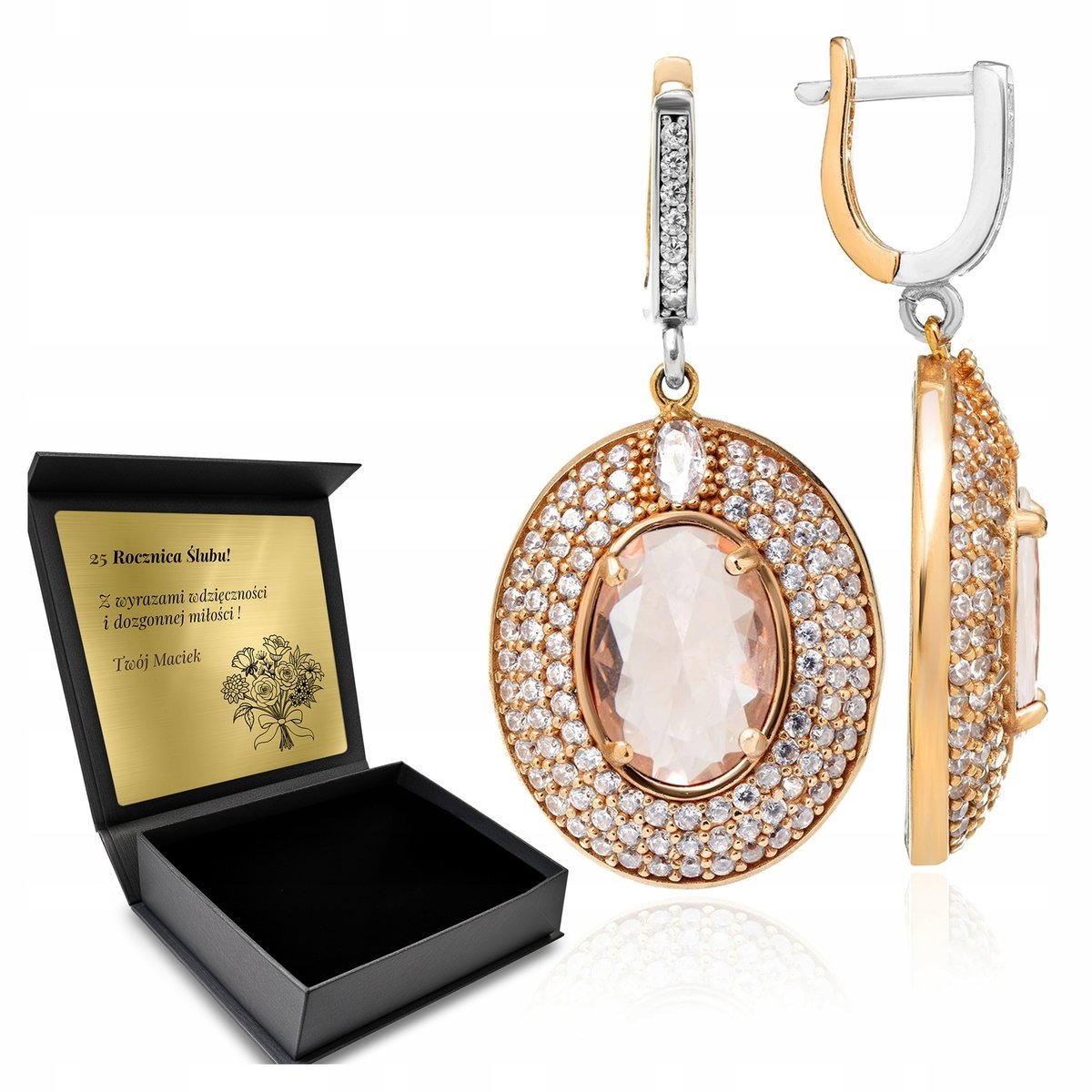 Kolczyki Srebrne 925 Cyrkonie I Morganit Biżuteria Dla Kobiety + Grawer