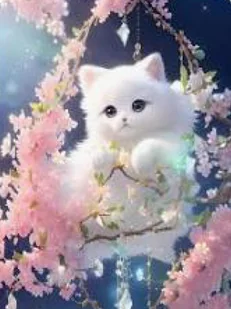 Diamentowa Mozaika Kotek Biały Na Gałęzi W Różowych Kwiatach 30x40 - Zabawki kreatywne - miniaturka - grafika 1