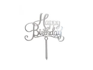 Topper z pleksi na tort Happy Birthday srebrny - 1 szt. - Ciasta i półprodukty do ciast - miniaturka - grafika 1