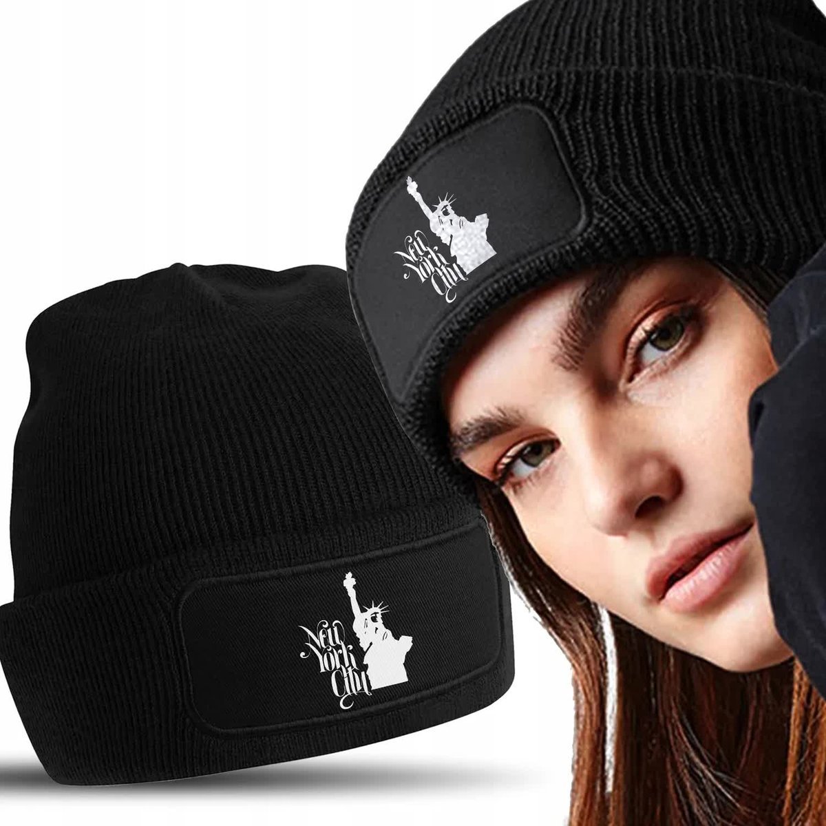 CZAPKA ZIMOWA KLASYCZNA CZARNA New York USA Wzory