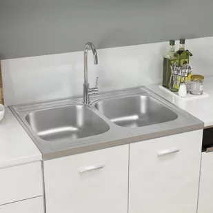 vidaXL Lumarko Zlew kuchenny dwukomorowy, srebrny, 800x600x155 mm, stal! 147235 - Zlewozmywaki - miniaturka - grafika 1