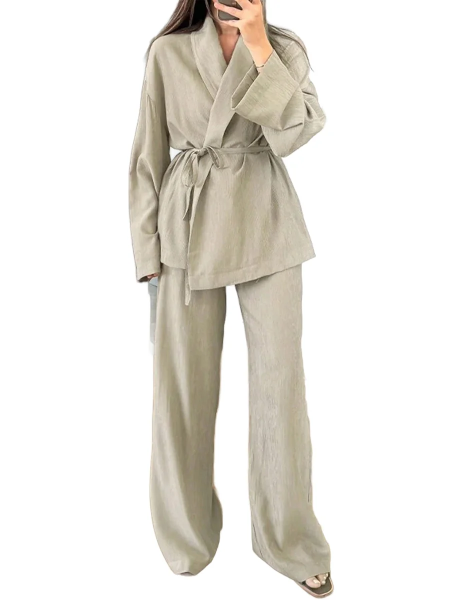 SHEIN KOMPLET DAMSKI Z WIĄZANIEM KURO KIMONO SWOBODNY BEŻOWY XL 11MA