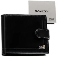 Portfele - Mały klasyczny portfel męski ze skóry naturalnej czarny na zatrzask elegancki prezent na karty ochrona RFID ROVICKY - miniaturka - grafika 1