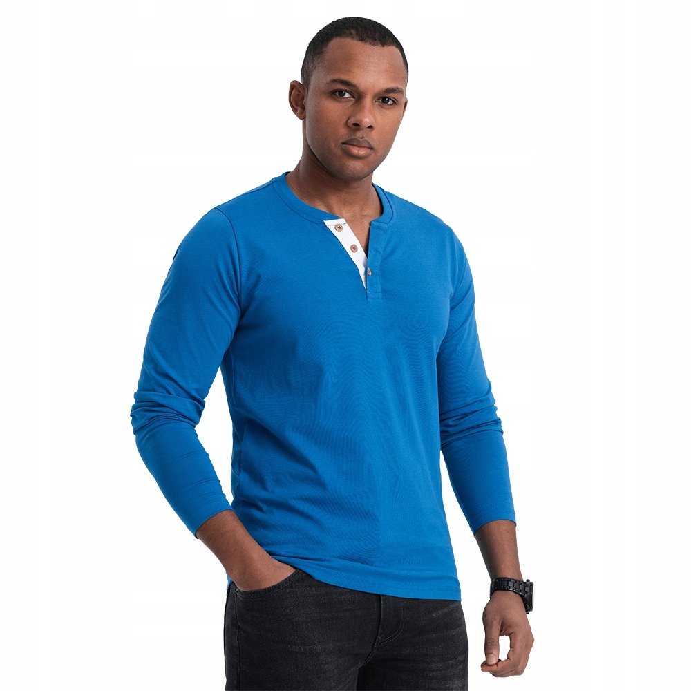 Koszulka męska Longsleeve z guzikami bawełna niebieski V2 OM-LSCL-0107 L
