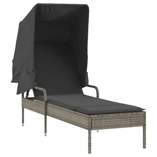 Leżak ogrodowy z baldachimem, rattan PE, szary, 62x200x130 cm
