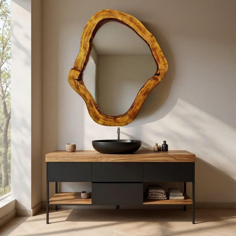 Niebanalne lustro do łazienki z drewna naturalnego (plaster pnia)