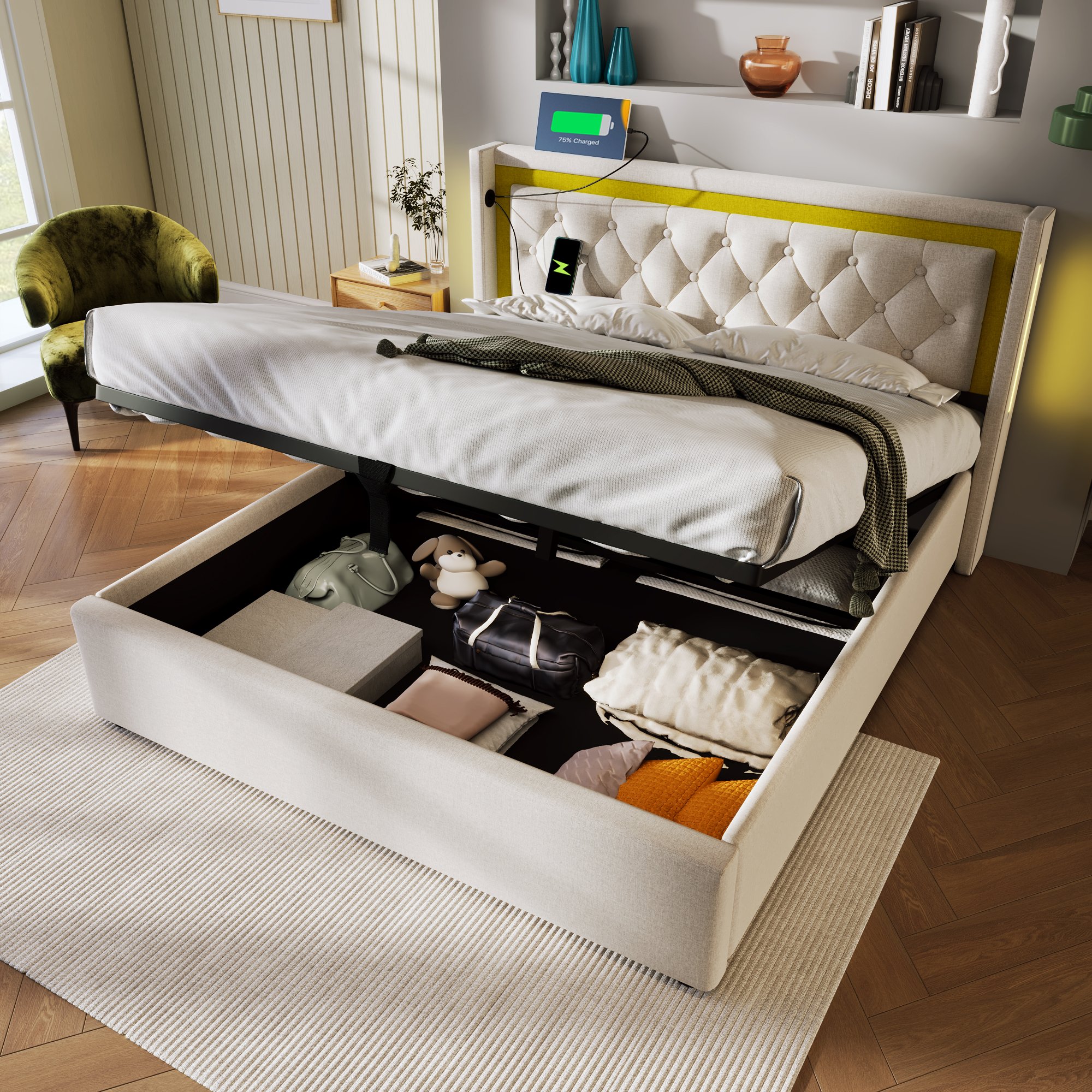 Łóżko tapicerowane Flieks 160x200cm z USB i typem C, łóżko na sprężynach hydraulicznych ze schowkiem, podwójne łóżko młodzieżowe z LED, łóżko bawełniane do przechowywania, beżowe