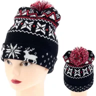 Czapki damskie - ZIMOWA CZAPKA Z POMPONEM DIODY LED ŚWIECĄCA CZARNO BORDOWA - miniaturka - grafika 1