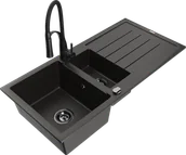 Zlewozmywaki z baterią - Mexen Andres zlewozmywak granitowy 1,5-komorowy z ociekaczem i baterią kuchenną Aster, czarny/złoty metalik - 6515-75-73450-70-B - miniaturka - grafika 1