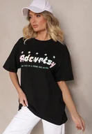 Koszulki i topy damskie - Czarny T-shirt Oversize Ozdobiony Napisem i Kolorowymi Gwiazdami Ilamora - Renee - miniaturka - grafika 1