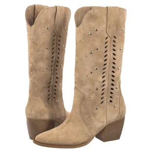 Beżowe ażurowe kozaki kowbojki damskie Carinii B9583-R28 modne skóra r.37 - Kozaki damskie - miniaturka - grafika 1