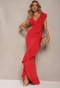 Sukienki - Czerwona Elegancka Sukienka Długa o Asymetrycznym Fasonie z Dekoltem w V i Falbaną Efimea - miniaturka - grafika 1
