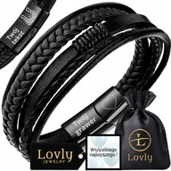 Bransolety męskie - Skórzana Bransoletka Męska Stal Nierdzewna 316L Czarna Premium Z Grawerem - miniaturka - grafika 1