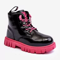 Buty dla dziewczynek - Ocieplane Lakierowane Botki Dziecięce Big Star MM374148 Czarno-Różowe czarne - miniaturka - grafika 1