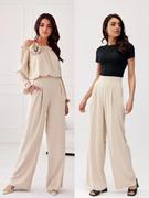 Spodnie damskie - Spodnie beżowe Alaya szerokie z wysokim stanem materiałowe - Roco - miniaturka - grafika 1