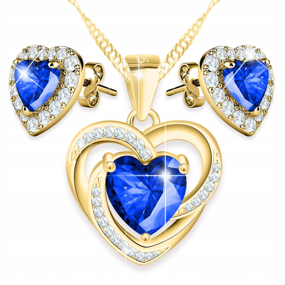 Zestaw Złoty Naszyjnik Serce i Złote Kolczyki Niebieskie Serca SREBRO 925