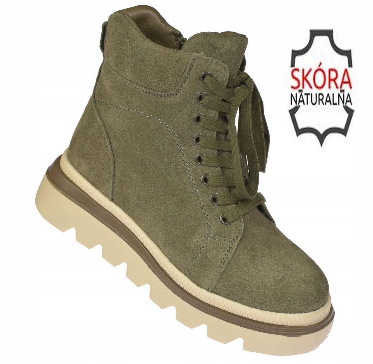 Śniegowce damskie skórzane botki ocieplane creepersy khaki B-3-1379 roz. 37