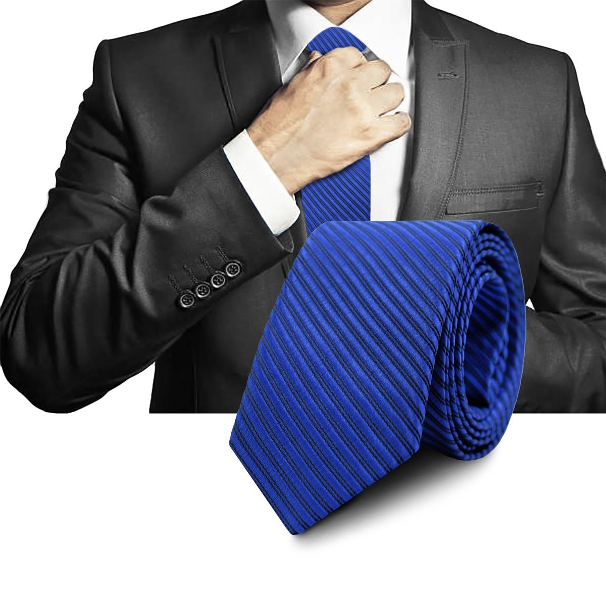 Elegancki KRAWAT Męski WĄSKI w Paski NIEBIESKI Śledź M.24 Pako Jeans