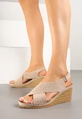 Sandały damskie - Ciemnobeżowe Sandały na Plecionym Koturnie z Perforacją Welissea - miniaturka - grafika 1