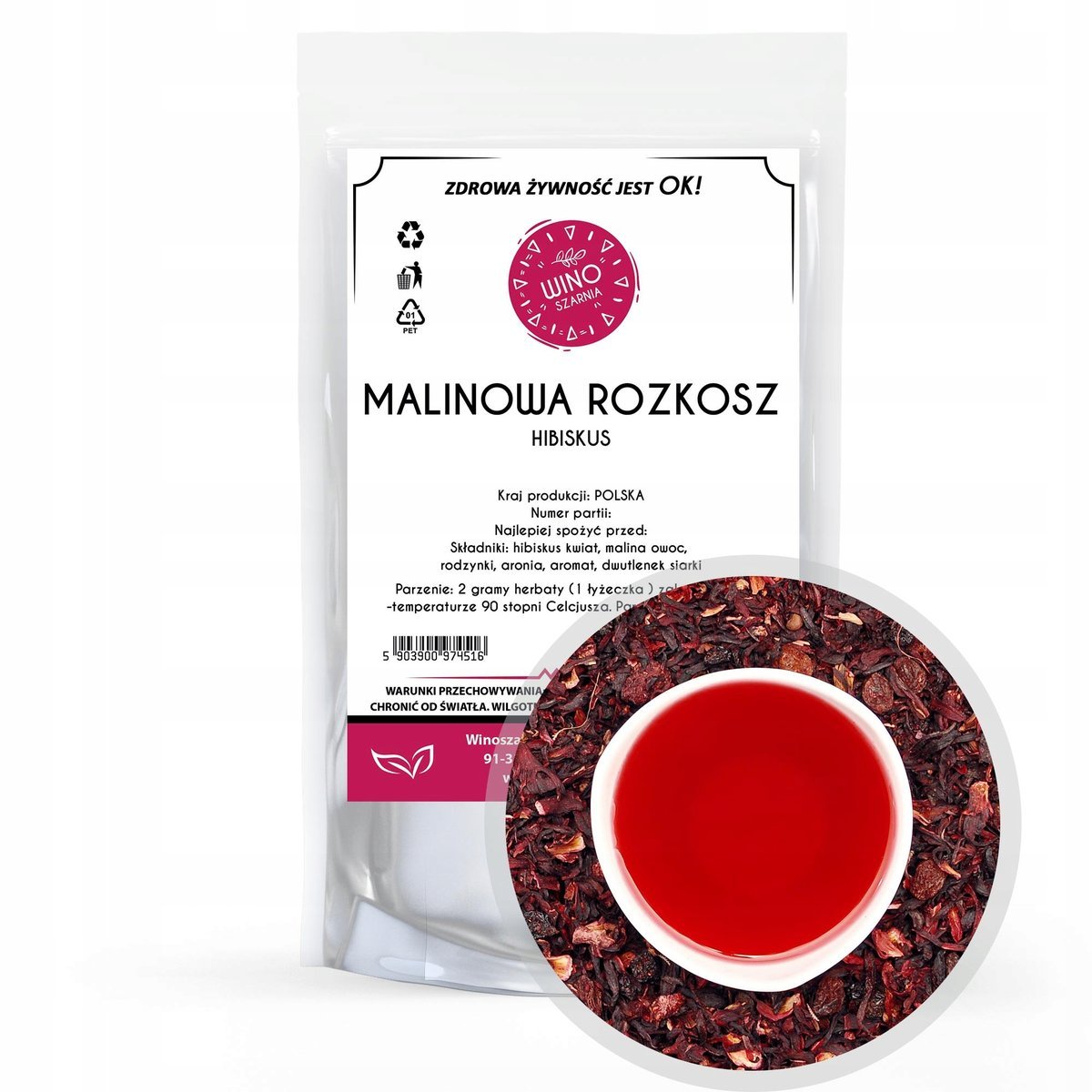 Herbata Malinowa Rozkosz Hibiskus - 50g Kwiat hibiskusa