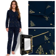 Piżamy damskie - Cornette Piżama Damska Długi Rękaw Granatowa Złoty Wzór Bawełna Rozmiar XL - miniaturka - grafika 1