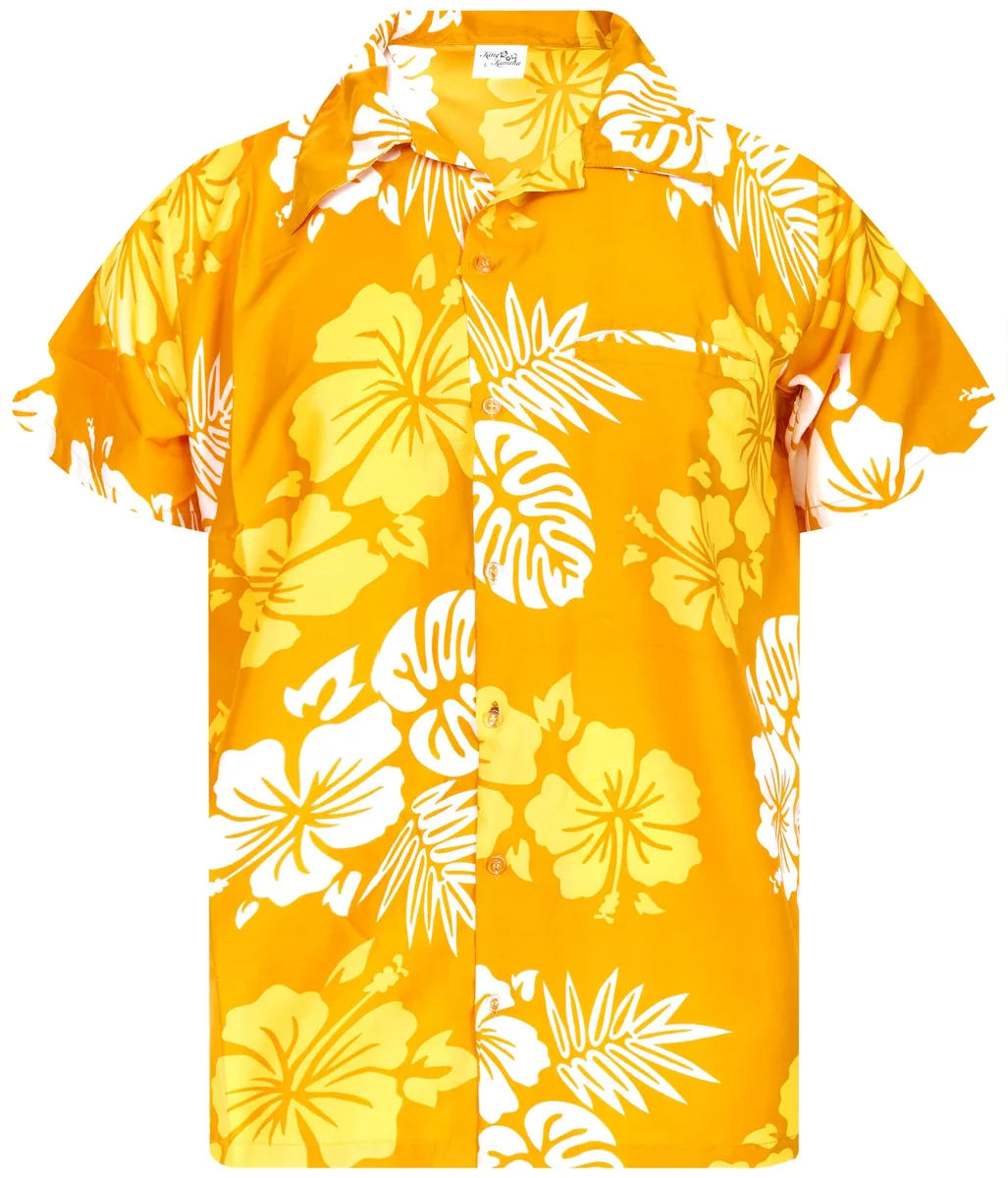 King Kameha Mono-hibiskus kwiaty funky-hawajska koszula męska z krótkim rękawem kieszeń przednia Tribal Floral Unisex, Mono-hibiskus - żółto-biały, XL