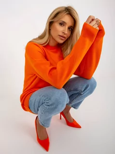 Swetry damskie - Sweter oversize pomarańczowy casual dekolt okrągły rękaw długi długość długa - grafika 1