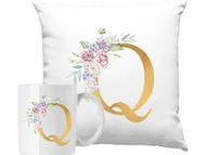 Gadżety dla niej i dla niego - ZESTAW PODUSZKA + KUBEK Złota Litera Imienna Q Pomysł na Prezent - miniaturka - grafika 1