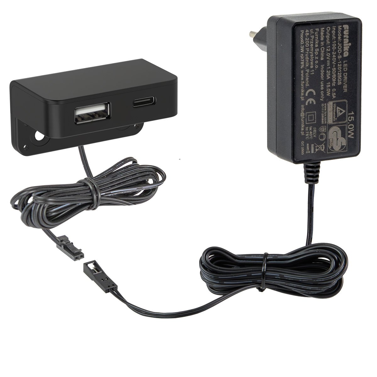 Ładowarka do telefonu przykręcana do szafki USB-A + USB-C , czarna