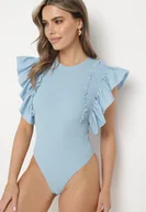 Body - Niebieskie Bawełniane Body z Rękawami z Falbanek Zapinane na Napy Gilines - miniaturka - grafika 1