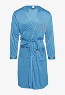 Szlafroki męskie - Jasnoniebieski Szlafrok z Bawełną Zdobiony Elegancką Lamówką i Aplikacją z Wiązanym Paskiem Attelora - miniaturka - grafika 1