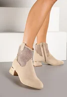 Botki damskie - Beżowe Botki Vices na Obcasie z Siateczkową Cholewką Deonelle - miniaturka - grafika 1