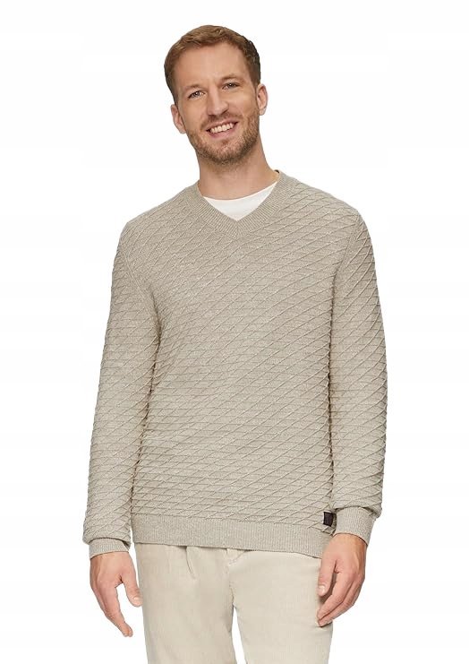 S.OLIVER BEŻOWY SWETER MĘSKI Z DEKOLTEM W SEREK I WZOREM S JPA