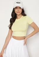 Koszulki i topy damskie - Żółty T-shirt z Wiskozą o Dopasowanym Kroju Typu Crop Top Folirra - miniaturka - grafika 1