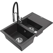 Zlewozmywaki z baterią - Mexen Gaspar zlewozmywak granitowy 1,5-komorowy z ociekaczem i baterią kuchenną Aster, czarny nakrapiany - miniaturka - grafika 1