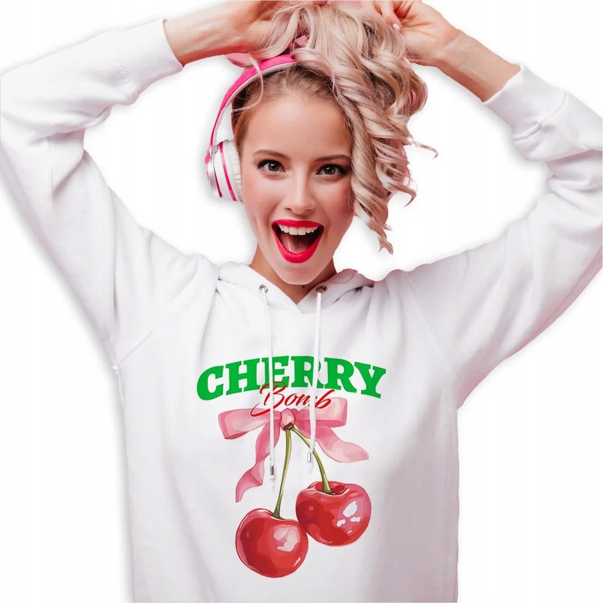 BLUZA DRESOWA Damska BIAŁA Z Kapturem Na Wiosnę CHERRY BOMB Owoce Wzory - M