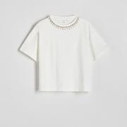Koszulki i topy damskie - Reserved - T-shirt z biżuteryjnym zdobieniem - Kremowy - miniaturka - grafika 1