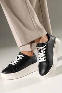 Czarne sneakersy skórzane damskie Sergio Leone na białej platformie sznurowane SP024-CA - Półbuty damskie - miniaturka - grafika 1