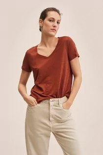 Koszulki i topy damskie - Mango t-shirt Linito damski kolor bordowy - grafika 1